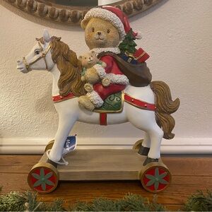 NWT Viral Wellesley Manor Santa Teddy Bear on a Rocking Horse Christmas figurine